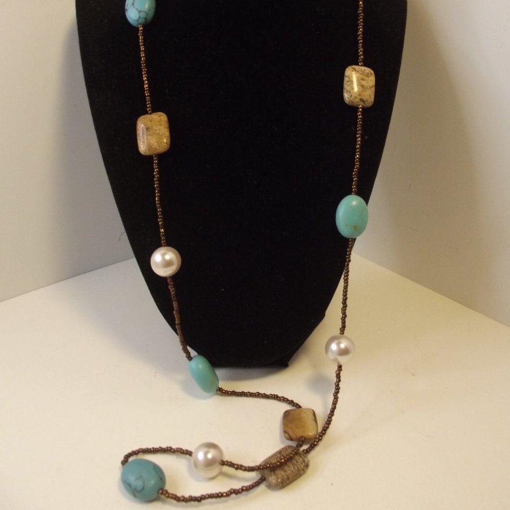 Lia Sophia Capri Necklace Turquoise & Jasper with Faux Pearl & Bronze Seed Beads